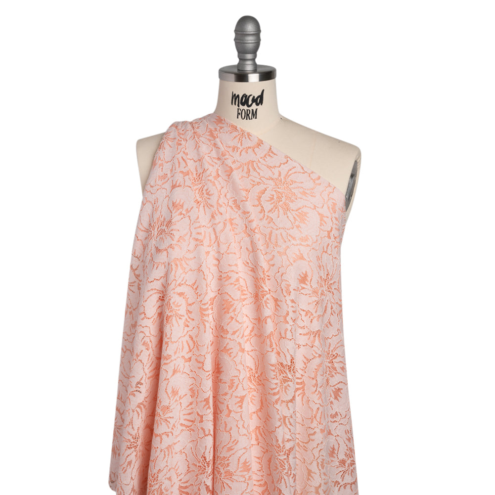 Stretch Corded Lace with Finished Edges - Salmon Pink and Natural Bold Blooming Florals - Dania Collection Stretch Corded Lace with Finished Edges - Salmon Pink and Natural Bold Blooming Florals - Dania Collection