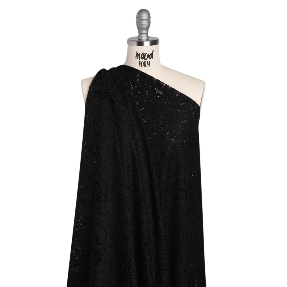 Stretch Corded Lace with Finished Edges - Black Bold Blooming Florals - Dania Collection - Drape Stretch Corded Lace with Finished Edges - Black Bold Blooming Florals - Dania Collection - Drape
