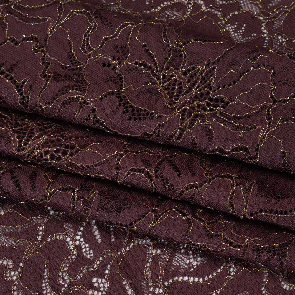 Stretch Metallic Corded Lace with Finished Edges - Deep Orchid Purple and Gold Bold Blooming Florals - Dania Collection Stretch Metallic Corded Lace with Finished Edges - Deep Orchid Purple and Gold Bold Blooming Florals - Dania Collection