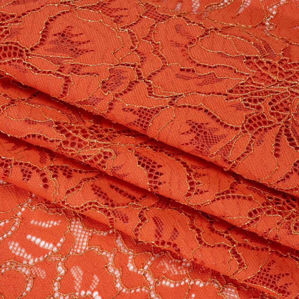 Stretch Metallic Corded Lace with Finished Edges - Burnt Sienna and Gold Bold Blooming Florals - Dania Collection - Folded Stretch Metallic Corded Lace with Finished Edges - Burnt Sienna and Gold Bold Blooming Florals - Dania Collection - Folded