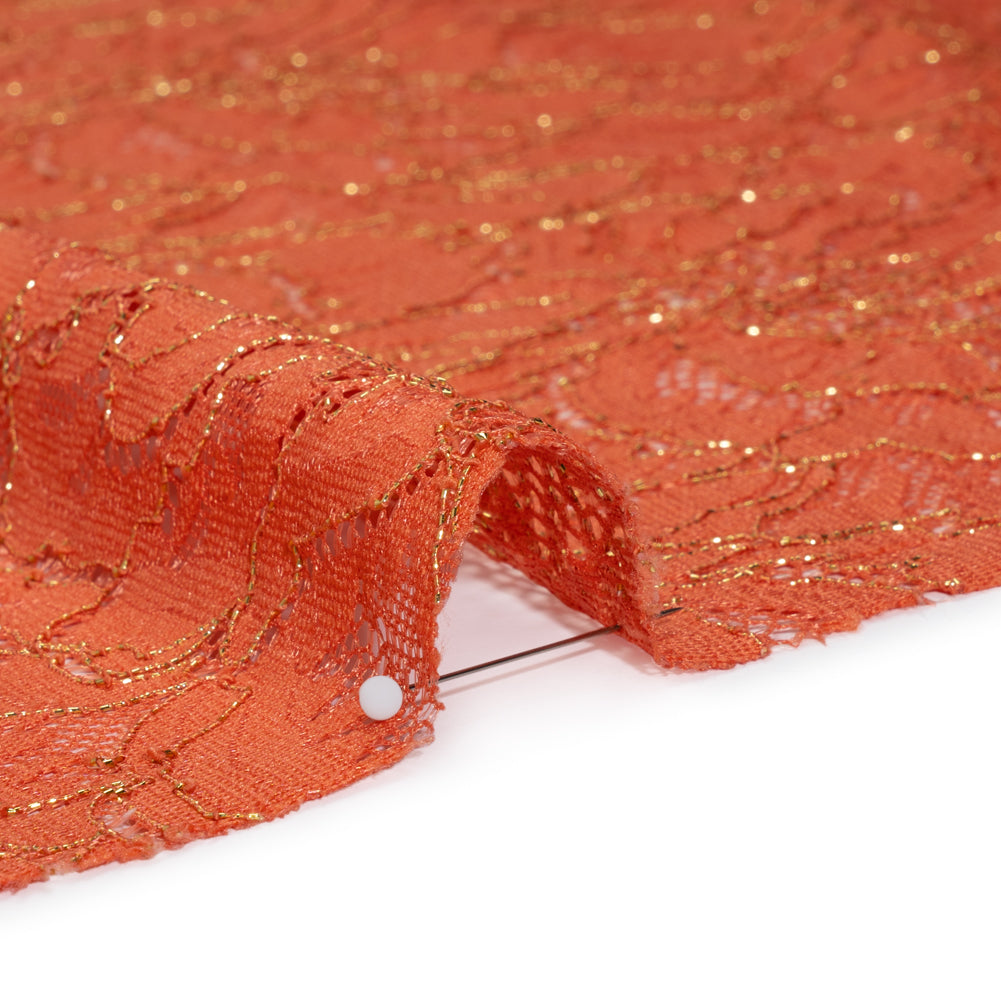 Stretch Metallic Corded Lace with Finished Edges - Burnt Sienna and Gold Bold Blooming Florals - Dania Collection - Detail Stretch Metallic Corded Lace with Finished Edges - Burnt Sienna and Gold Bold Blooming Florals - Dania Collection - Detail