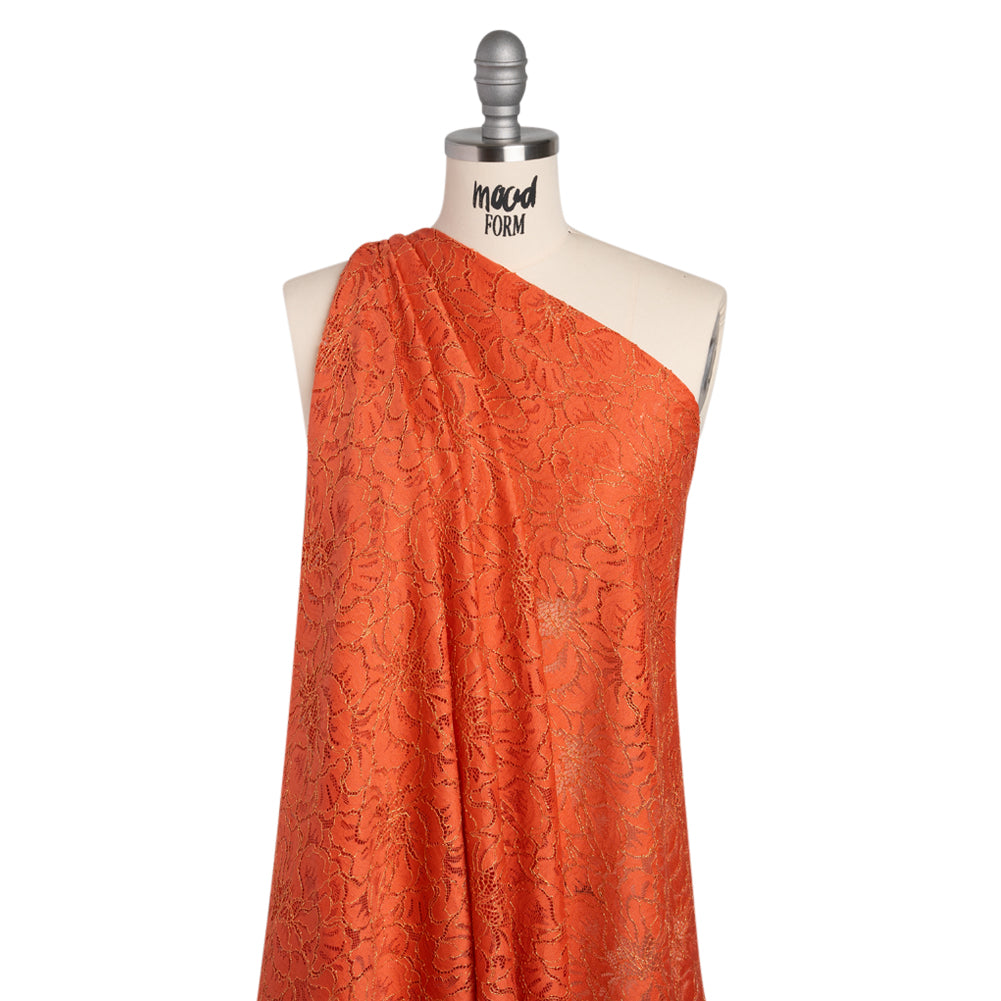 Stretch Metallic Corded Lace with Finished Edges - Burnt Sienna and Gold Bold Blooming Florals - Dania Collection - Drape Stretch Metallic Corded Lace with Finished Edges - Burnt Sienna and Gold Bold Blooming Florals - Dania Collection - Drape