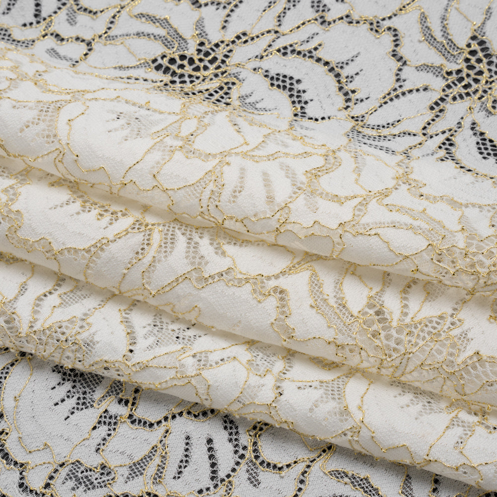 Stretch Metallic Corded Lace with Finished Edges - Ivory and Gold Bold Blooming Florals - Dania Collection - Folded Stretch Metallic Corded Lace with Finished Edges - Ivory and Gold Bold Blooming Florals - Dania Collection - Folded