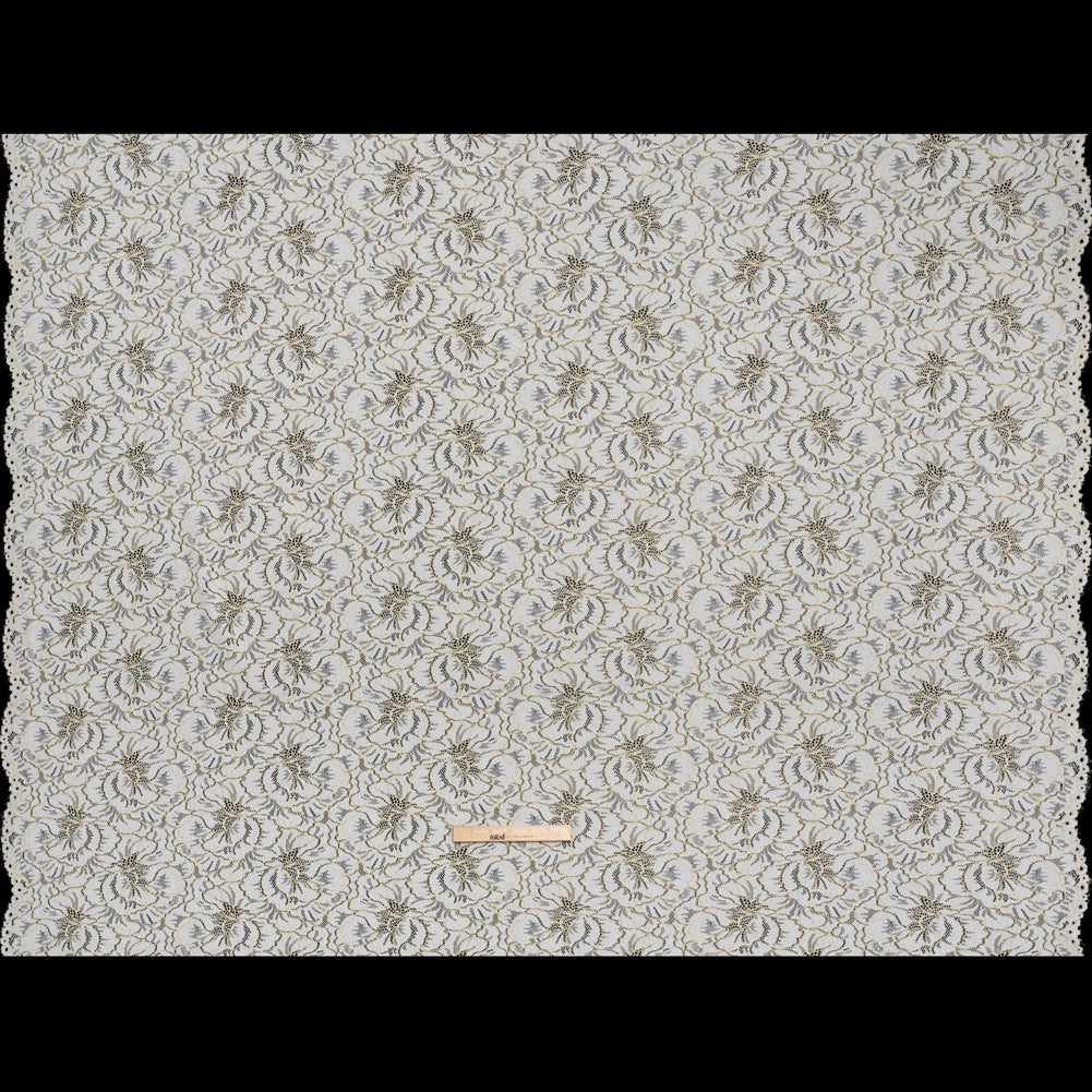 Stretch Metallic Corded Lace with Finished Edges - Ivory and Gold Bold Blooming Florals - Dania Collection - Full Stretch Metallic Corded Lace with Finished Edges - Ivory and Gold Bold Blooming Florals - Dania Collection - Full