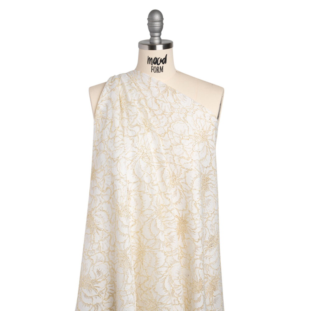 Stretch Metallic Corded Lace with Finished Edges - Ivory and Gold Bold Blooming Florals - Dania Collection - Drape Stretch Metallic Corded Lace with Finished Edges - Ivory and Gold Bold Blooming Florals - Dania Collection - Drape