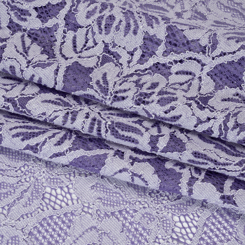 Stretch Corded Lace with Finished Edges - Purple Corallites and Natural Tropical Blossoms - Ottilie Collection Stretch Corded Lace with Finished Edges - Purple Corallites and Natural Tropical Blossoms - Ottilie Collection