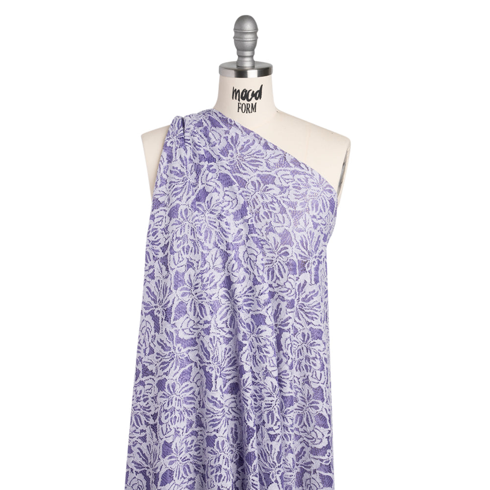 Stretch Corded Lace with Finished Edges - Purple Corallites and Natural Tropical Blossoms - Ottilie Collection Stretch Corded Lace with Finished Edges - Purple Corallites and Natural Tropical Blossoms - Ottilie Collection