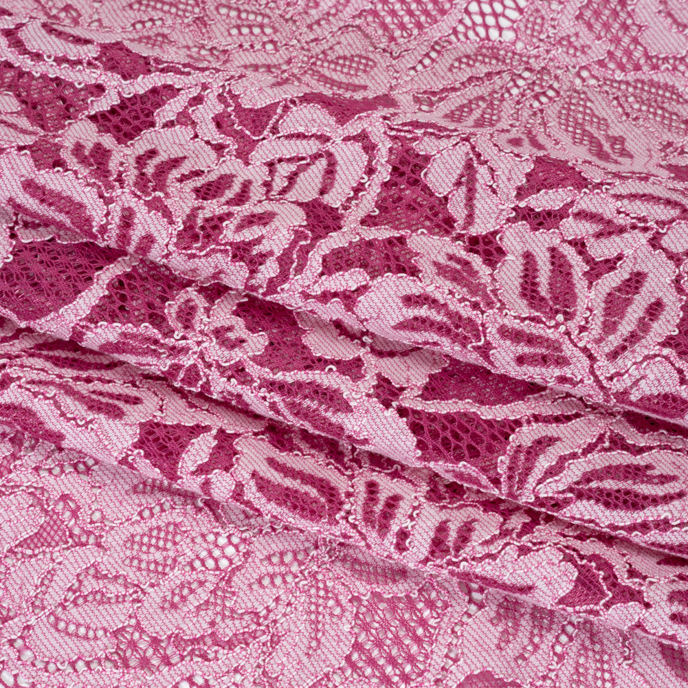 Stretch Corded Lace with Finished Edges - Festival Fuchsia and Natural Tropical Blossoms - Ottilie Collection Stretch Corded Lace with Finished Edges - Festival Fuchsia and Natural Tropical Blossoms - Ottilie Collection
