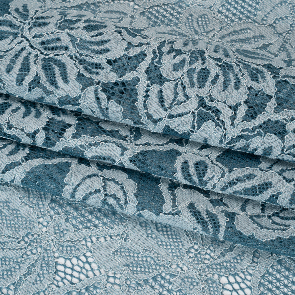 Stretch Corded Lace with Finished Edges - Storm Blue and Natural Tropical Blossoms - Ottilie Collection Stretch Corded Lace with Finished Edges - Storm Blue and Natural Tropical Blossoms - Ottilie Collection