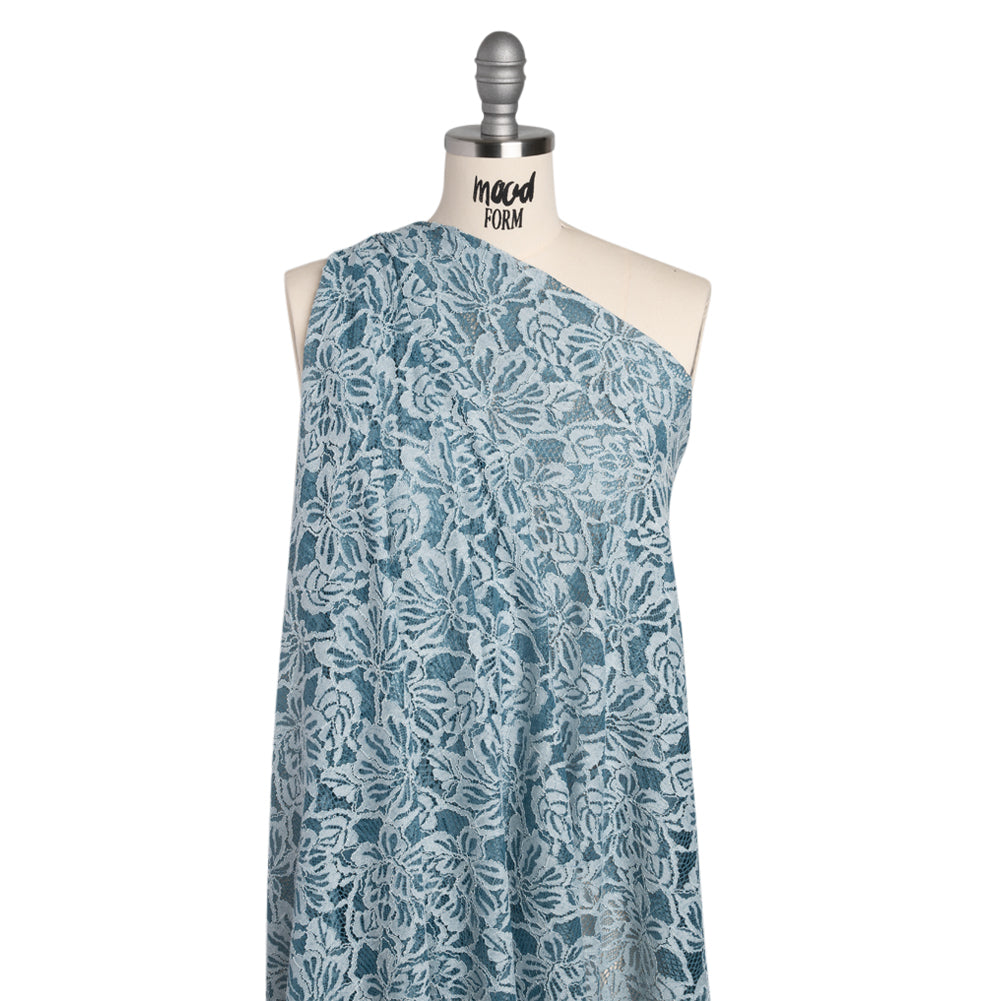 Stretch Corded Lace with Finished Edges - Storm Blue and Natural Tropical Blossoms - Ottilie Collection Stretch Corded Lace with Finished Edges - Storm Blue and Natural Tropical Blossoms - Ottilie Collection