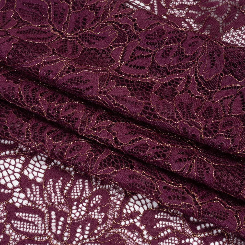 Stretch Metallic Corded Lace with Finished Edges - Dark Purple and Gold Tropical Blossoms - Ottilie Collection Stretch Metallic Corded Lace with Finished Edges - Dark Purple and Gold Tropical Blossoms - Ottilie Collection