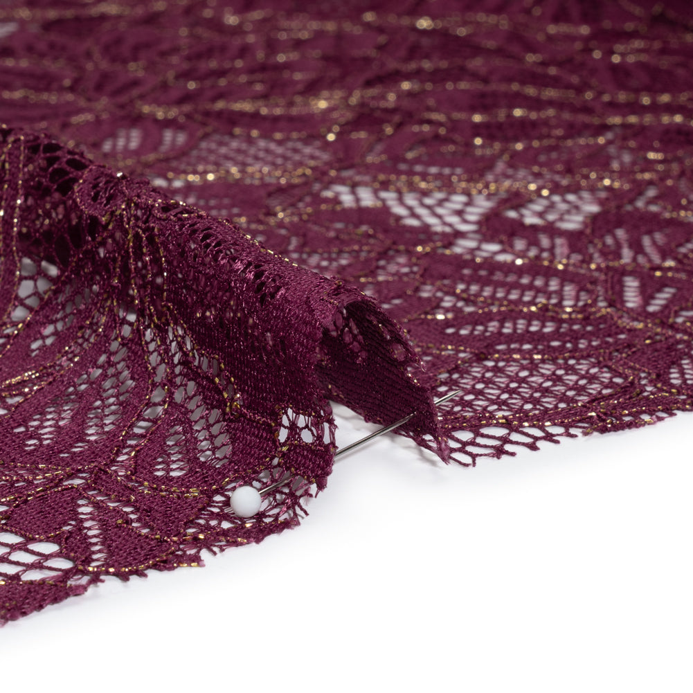 Stretch Metallic Corded Lace with Finished Edges - Dark Purple and Gold Tropical Blossoms - Ottilie Collection Stretch Metallic Corded Lace with Finished Edges - Dark Purple and Gold Tropical Blossoms - Ottilie Collection