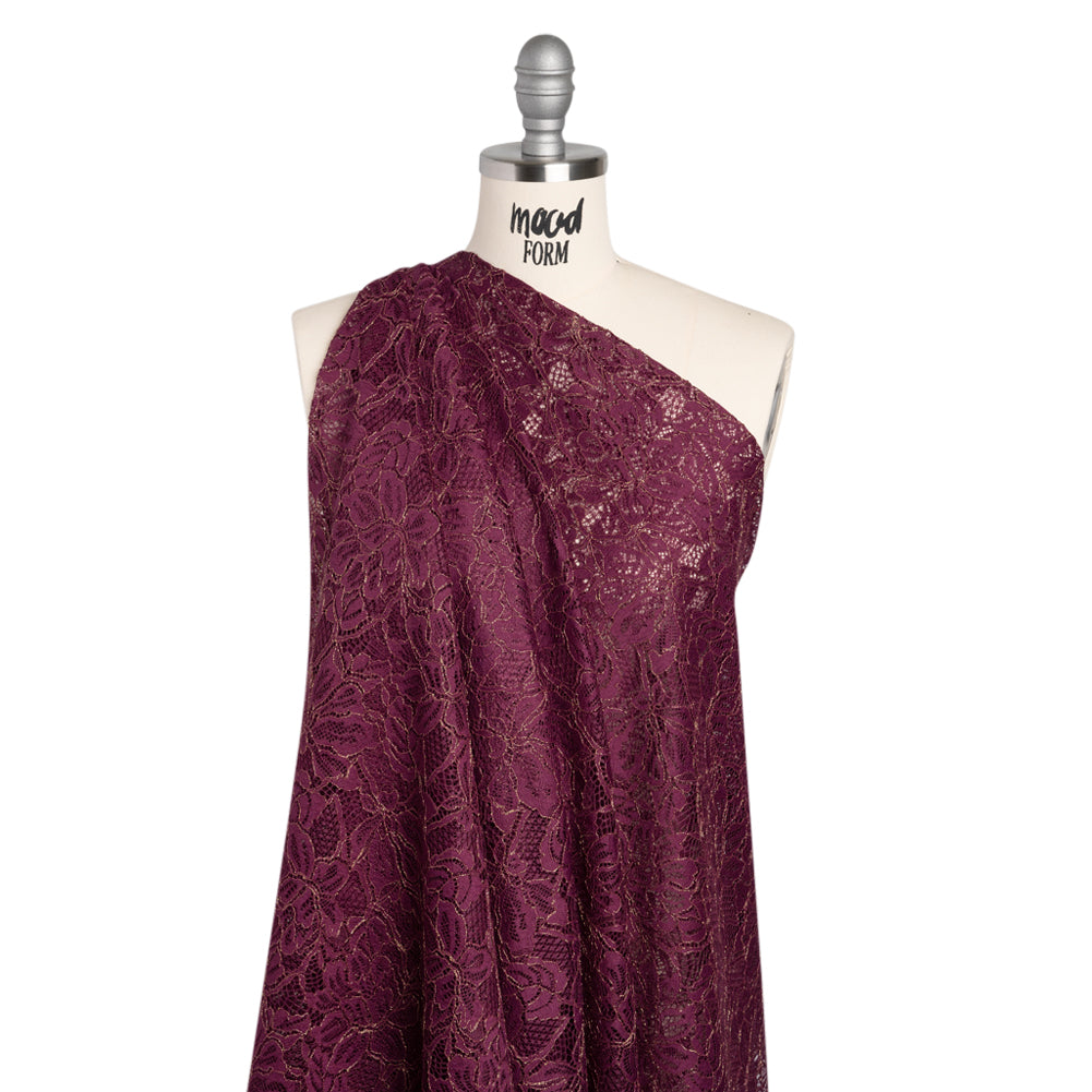 Stretch Metallic Corded Lace with Finished Edges - Dark Purple and Gold Tropical Blossoms - Ottilie Collection Stretch Metallic Corded Lace with Finished Edges - Dark Purple and Gold Tropical Blossoms - Ottilie Collection