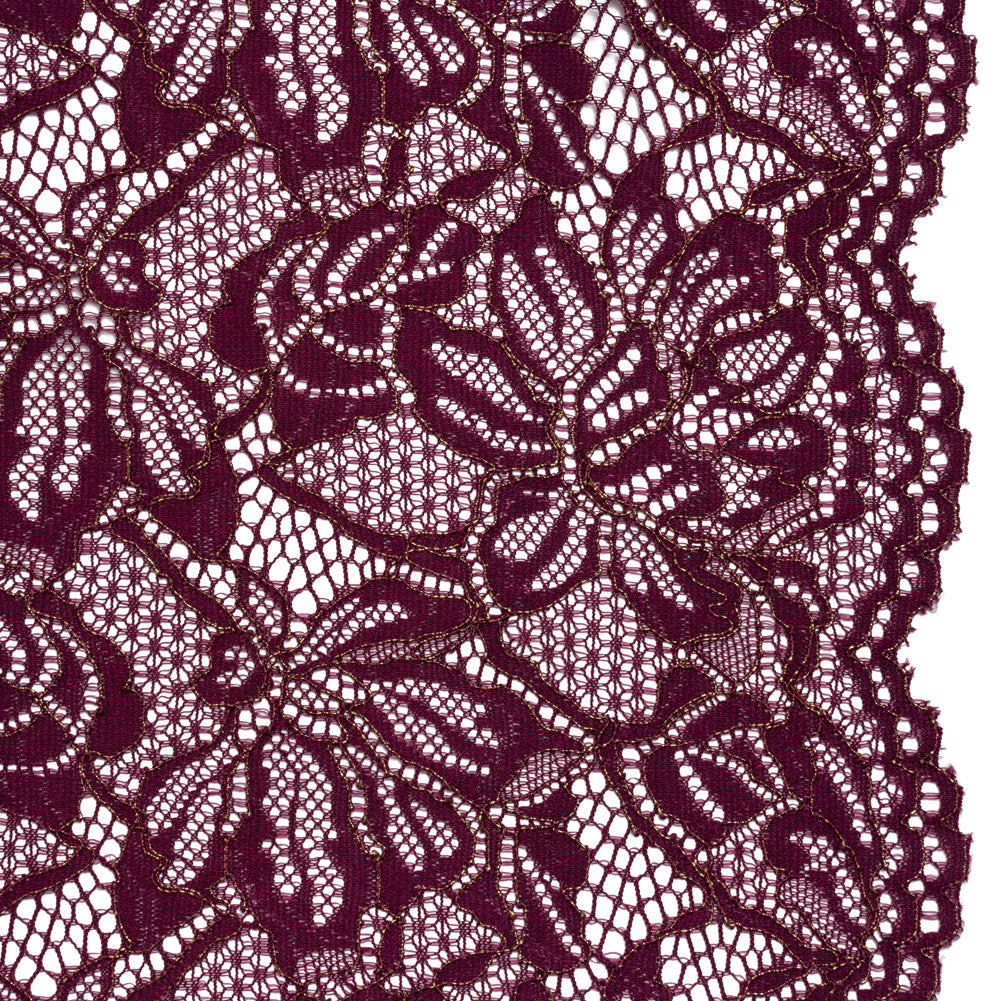 Stretch Metallic Corded Lace with Finished Edges - Dark Purple and Gold Tropical Blossoms - Ottilie Collection Stretch Metallic Corded Lace with Finished Edges - Dark Purple and Gold Tropical Blossoms - Ottilie Collection