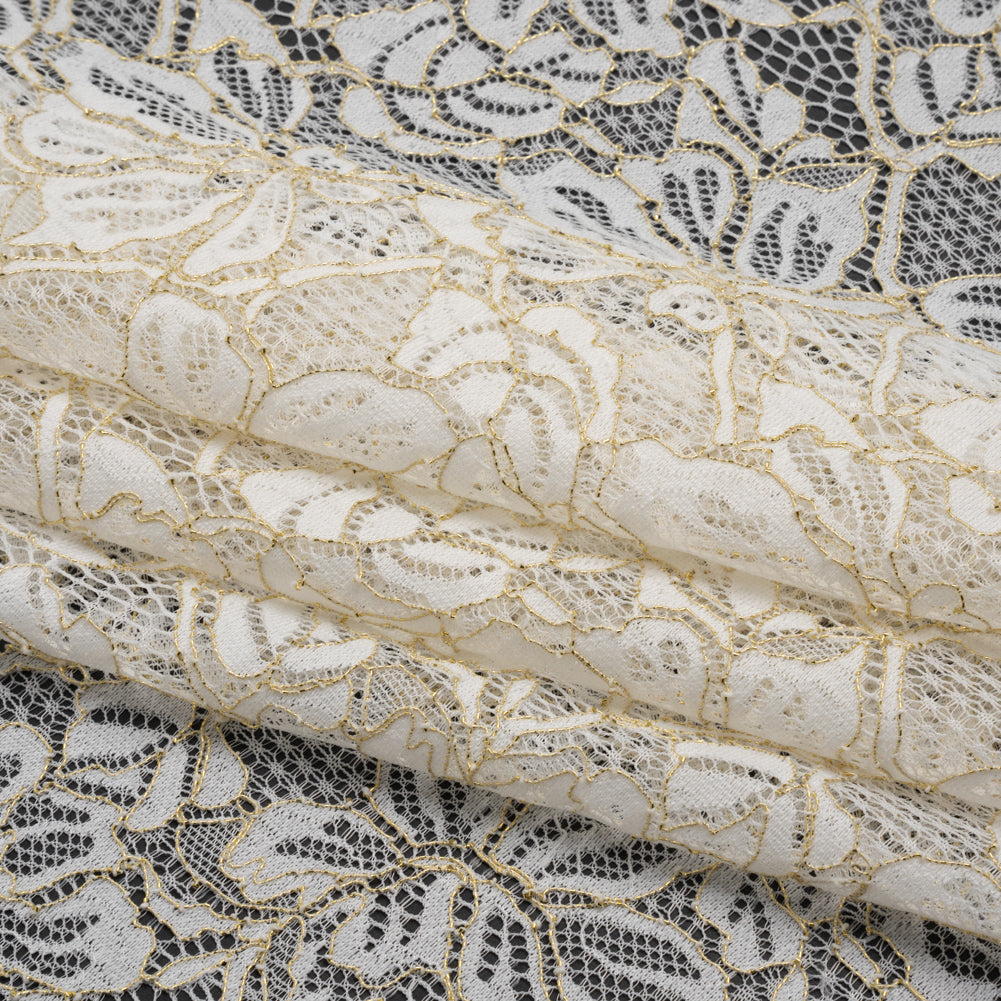 Stretch Metallic Corded Lace with Finished Edges - Ivory and Gold Tropical Blossoms - Ottilie Collection - Folded Stretch Metallic Corded Lace with Finished Edges - Ivory and Gold Tropical Blossoms - Ottilie Collection - Folded