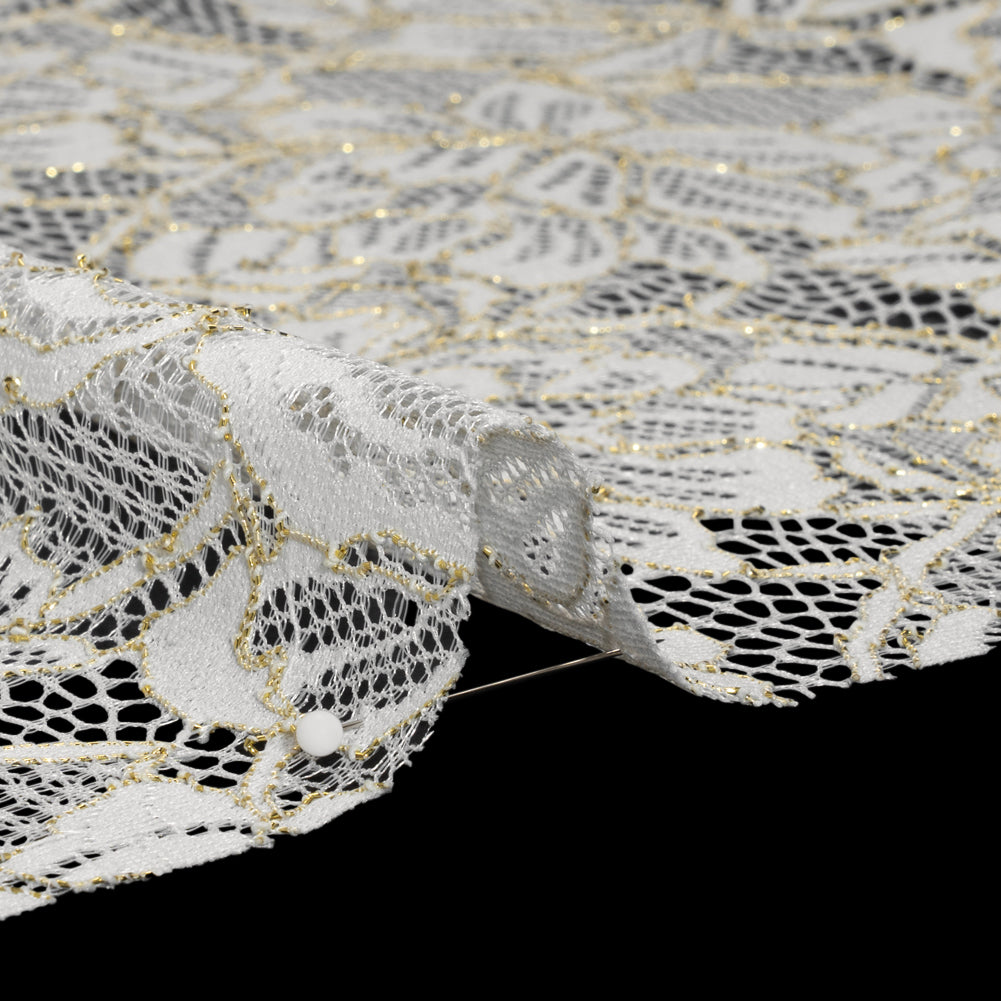 Stretch Metallic Corded Lace with Finished Edges - Ivory and Gold Tropical Blossoms - Ottilie Collection - Detail Stretch Metallic Corded Lace with Finished Edges - Ivory and Gold Tropical Blossoms - Ottilie Collection - Detail