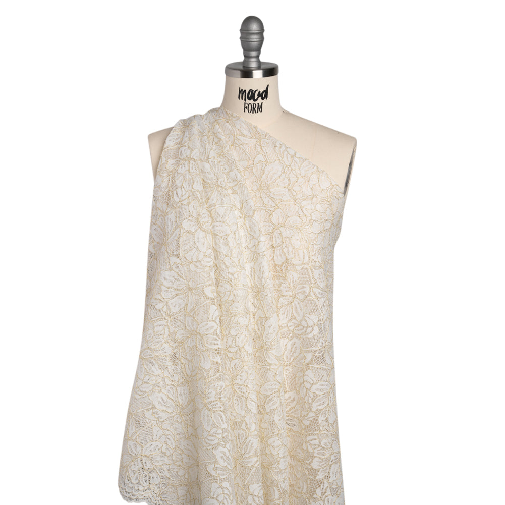 Stretch Metallic Corded Lace with Finished Edges - Ivory and Gold Tropical Blossoms - Ottilie Collection - Drape Stretch Metallic Corded Lace with Finished Edges - Ivory and Gold Tropical Blossoms - Ottilie Collection - Drape