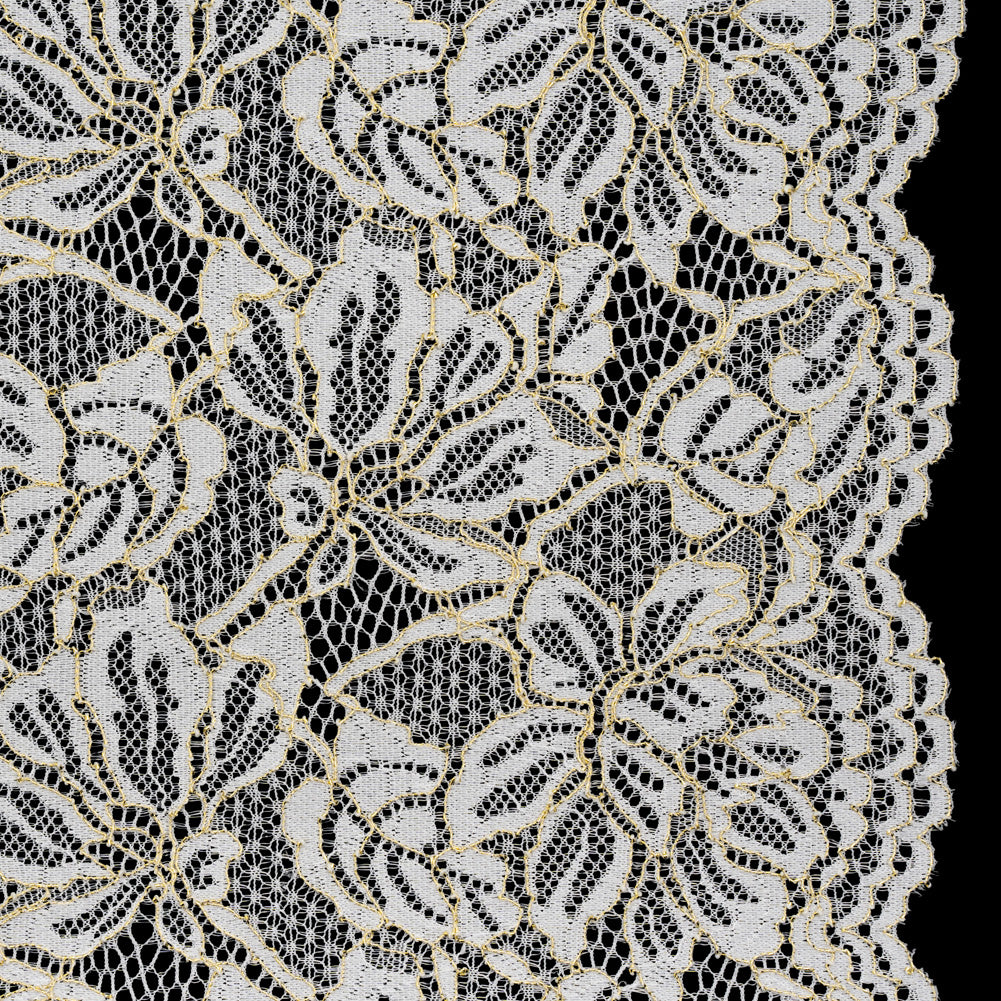 Stretch Metallic Corded Lace with Finished Edges - Ivory and Gold Tropical Blossoms - Ottilie Collection Stretch Metallic Corded Lace with Finished Edges - Ivory and Gold Tropical Blossoms - Ottilie Collection