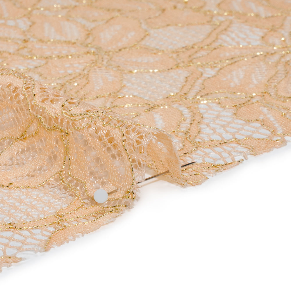 Stretch Metallic Corded Lace with Finished Edges - Linen Beige and Gold Tropical Blossoms - Ottilie Collection Stretch Metallic Corded Lace with Finished Edges - Linen Beige and Gold Tropical Blossoms - Ottilie Collection