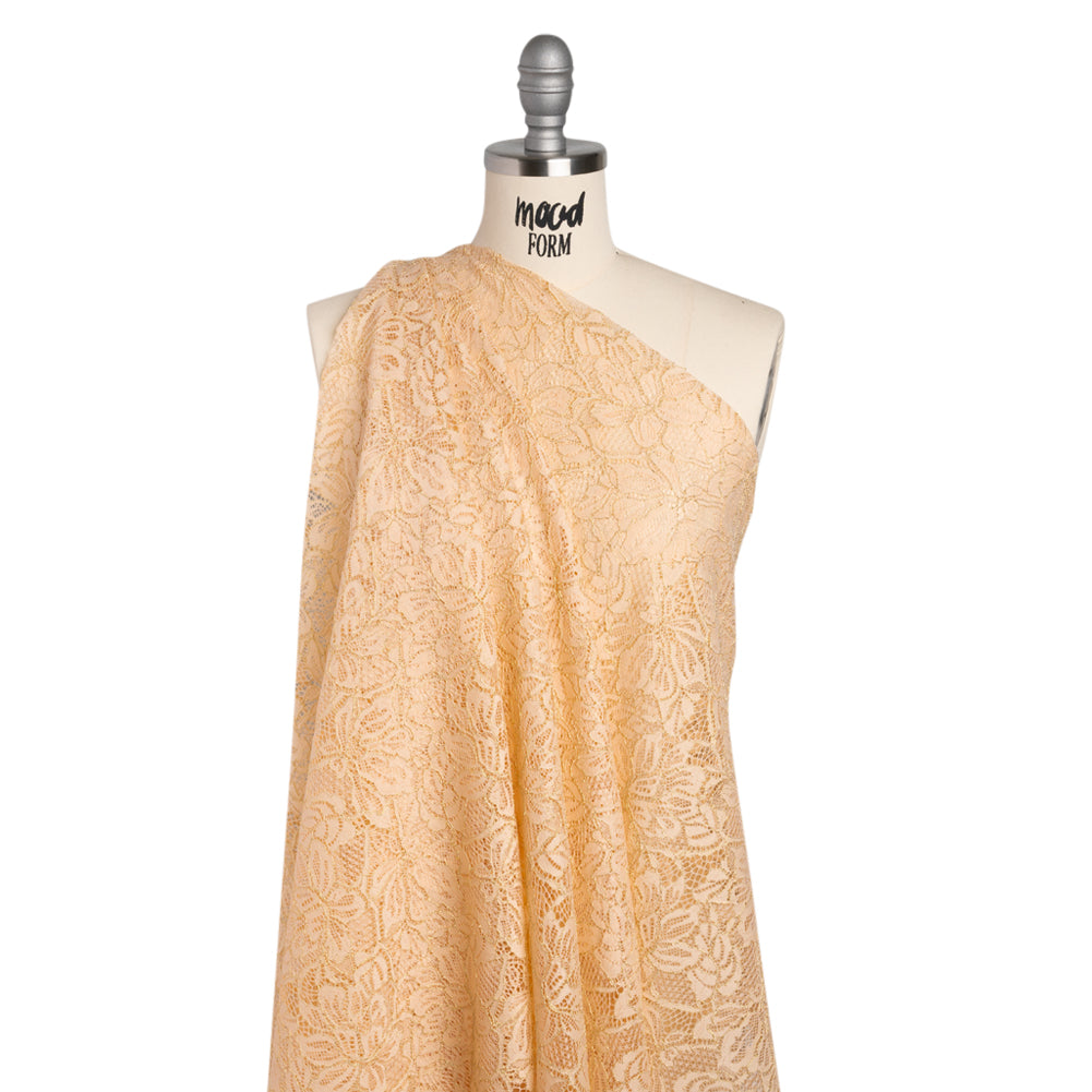 Stretch Metallic Corded Lace with Finished Edges - Linen Beige and Gold Tropical Blossoms - Ottilie Collection Stretch Metallic Corded Lace with Finished Edges - Linen Beige and Gold Tropical Blossoms - Ottilie Collection