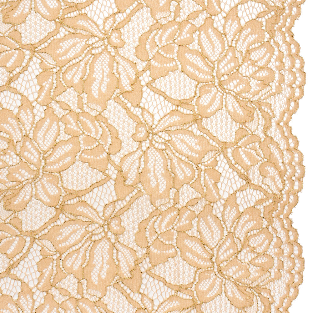 Stretch Metallic Corded Lace with Finished Edges - Linen Beige and Gold Tropical Blossoms - Ottilie Collection Stretch Metallic Corded Lace with Finished Edges - Linen Beige and Gold Tropical Blossoms - Ottilie Collection