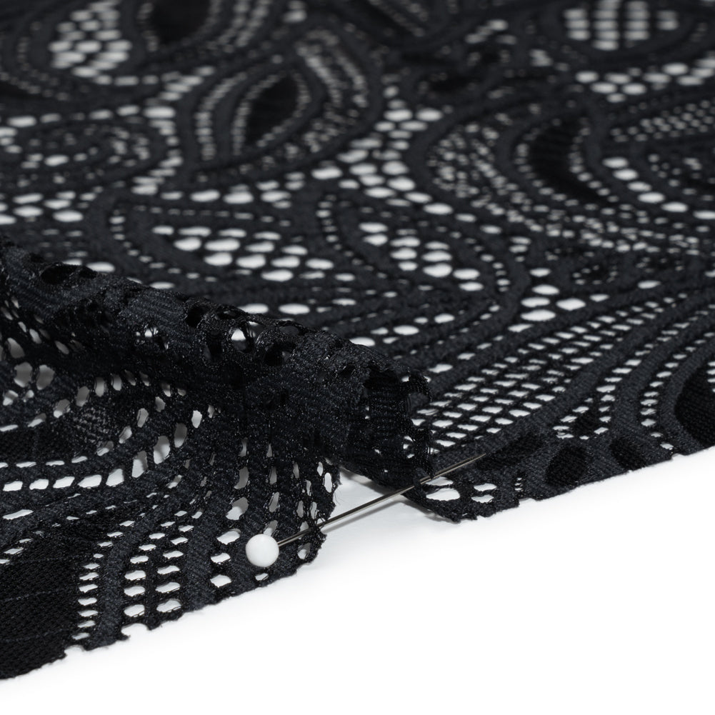 Stretch Raschel Lace with Finished Edges - Black Swirling Gardens - Detail Stretch Raschel Lace with Finished Edges - Black Swirling Gardens - Detail