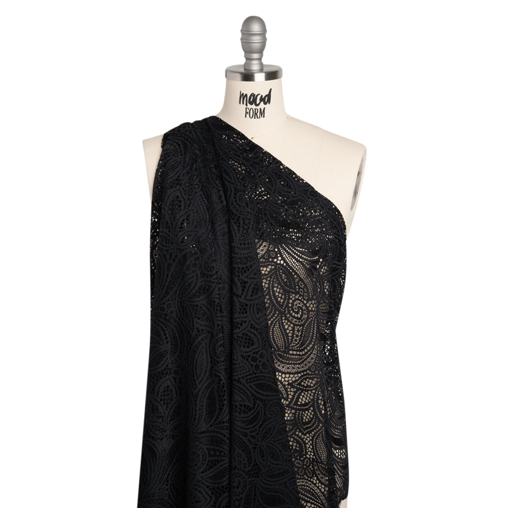 Stretch Raschel Lace with Finished Edges - Black Swirling Gardens - Drape Stretch Raschel Lace with Finished Edges - Black Swirling Gardens - Drape