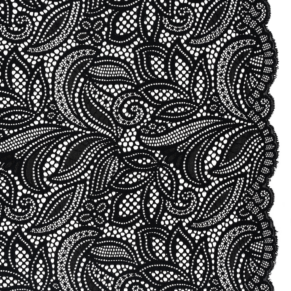 Stretch Raschel Lace with Finished Edges - Black Swirling Gardens Stretch Raschel Lace with Finished Edges - Black Swirling Gardens