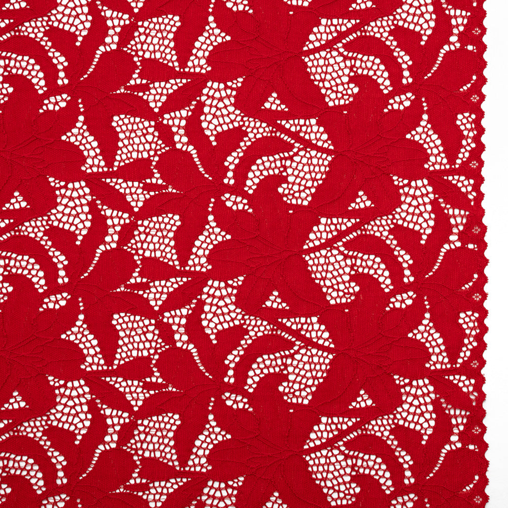 Recycled Stretch Raschel Lace with Finished Edges - Cherry Red Dancing Lilies Recycled Stretch Raschel Lace with Finished Edges - Cherry Red Dancing Lilies