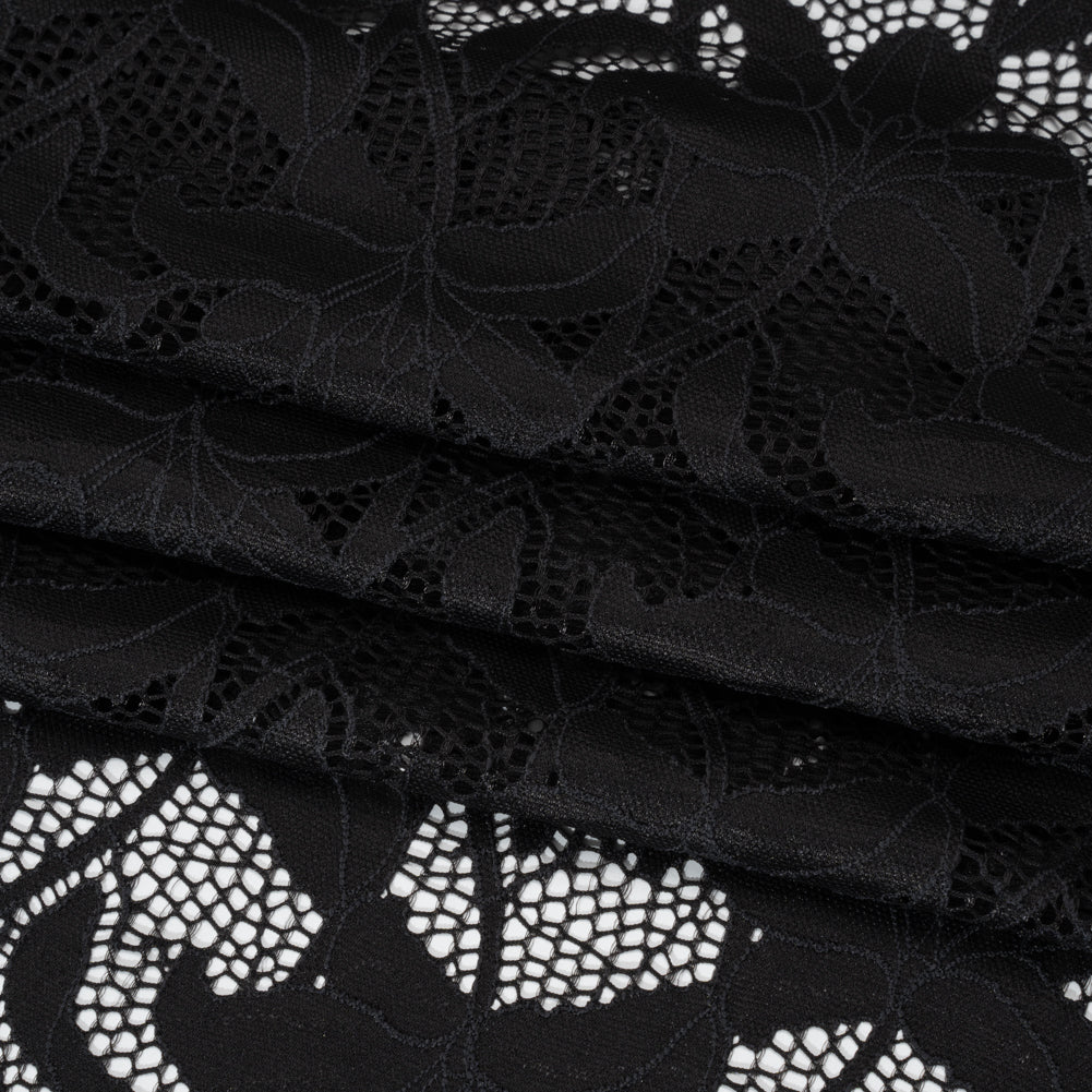 Recycled Stretch Raschel Lace with Finished Edges - Black Dancing Lilies Recycled Stretch Raschel Lace with Finished Edges - Black Dancing Lilies