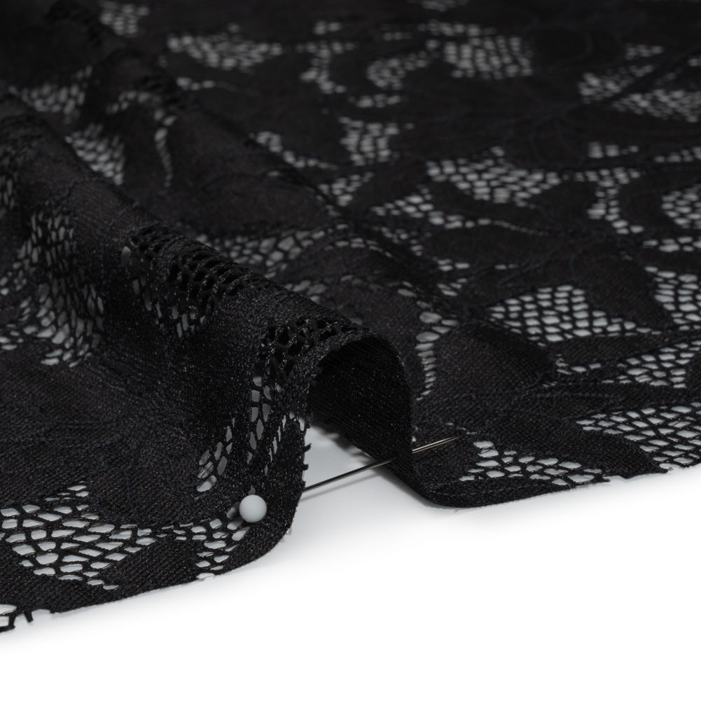 Recycled Stretch Raschel Lace with Finished Edges - Black Dancing Lilies Recycled Stretch Raschel Lace with Finished Edges - Black Dancing Lilies