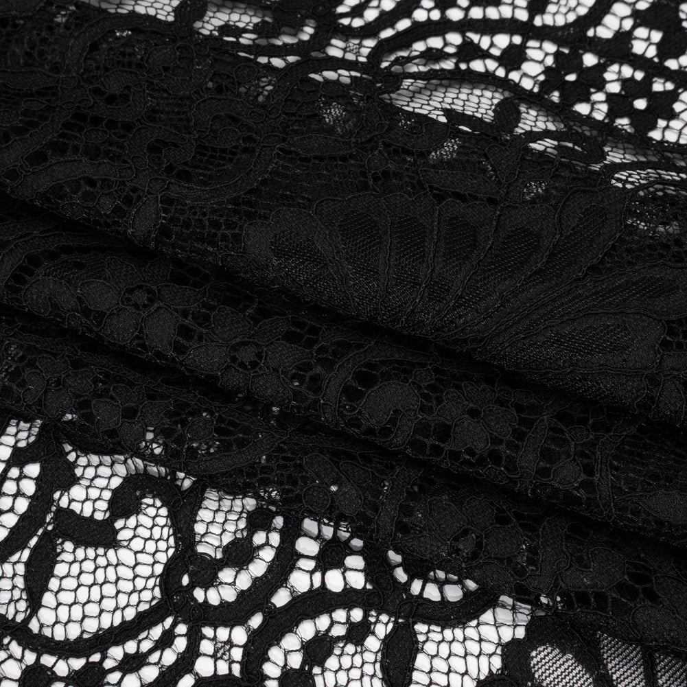 Corded Lace Panel with Finished Eyelash Fringe Edges - Black Floral Flows Corded Lace Panel with Finished Eyelash Fringe Edges - Black Floral Flows