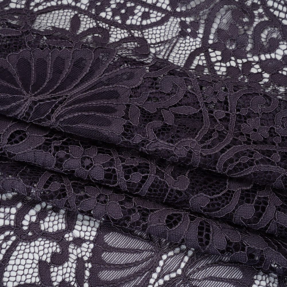 Corded Lace Panel with Finished Eyelash Fringe Edges - Smoke Floral Flows - Folded Corded Lace Panel with Finished Eyelash Fringe Edges - Smoke Floral Flows - Folded