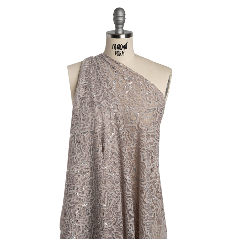 Metallic Raschel Lace Panel with Scalloped Fringed Edges - Silver, Sandstone and Taupe Abstract Squiggles Metallic Raschel Lace Panel with Scalloped Fringed Edges - Silver, Sandstone and Taupe Abstract Squiggles