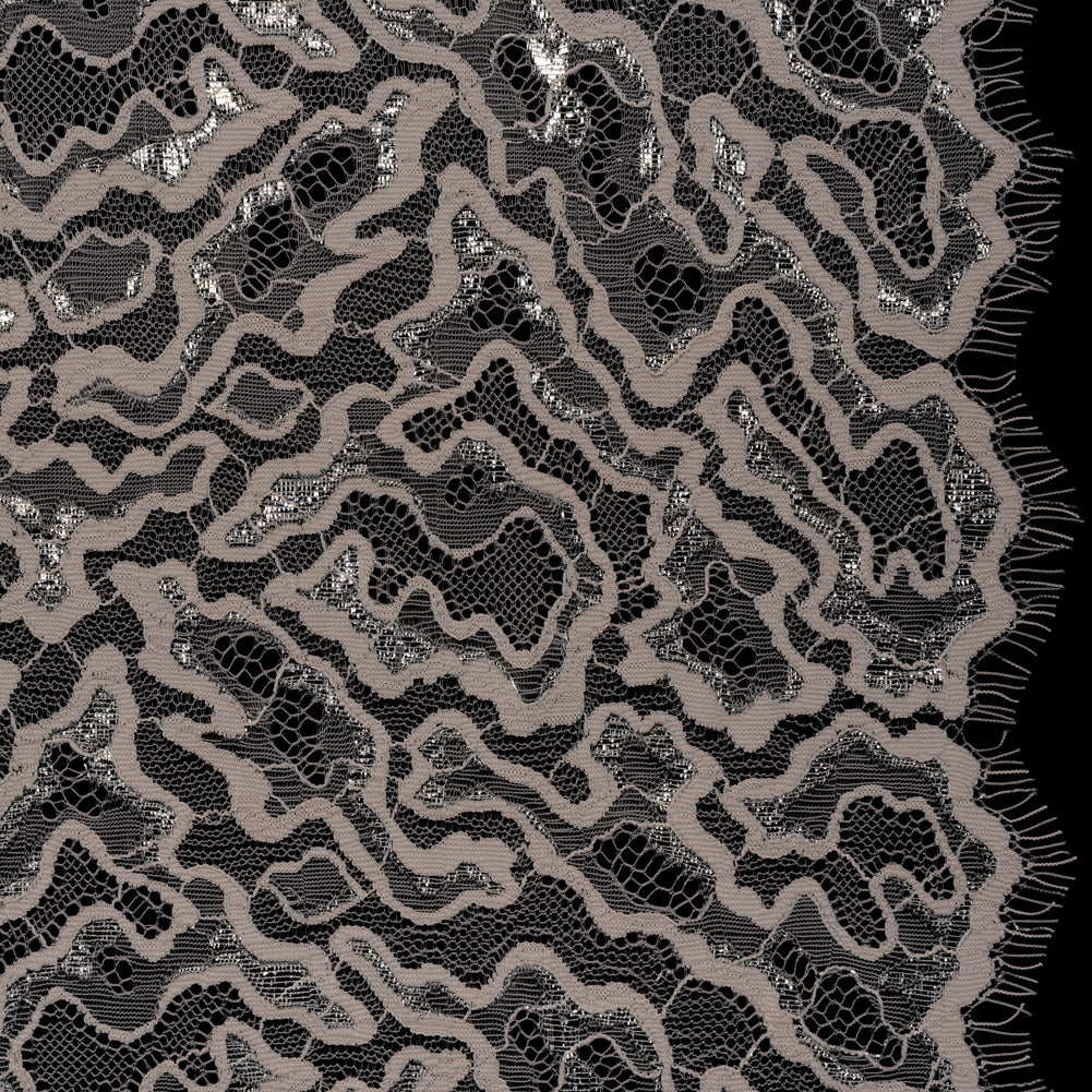 Metallic Raschel Lace Panel with Scalloped Fringed Edges - Silver, Sandstone and Taupe Abstract Squiggles Metallic Raschel Lace Panel with Scalloped Fringed Edges - Silver, Sandstone and Taupe Abstract Squiggles