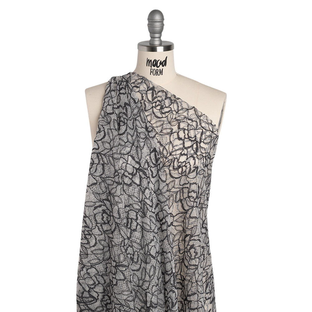 Corded Lace with Finished Edge - Black on White Sweeping Roses - Drape Corded Lace with Finished Edge - Black on White Sweeping Roses - Drape