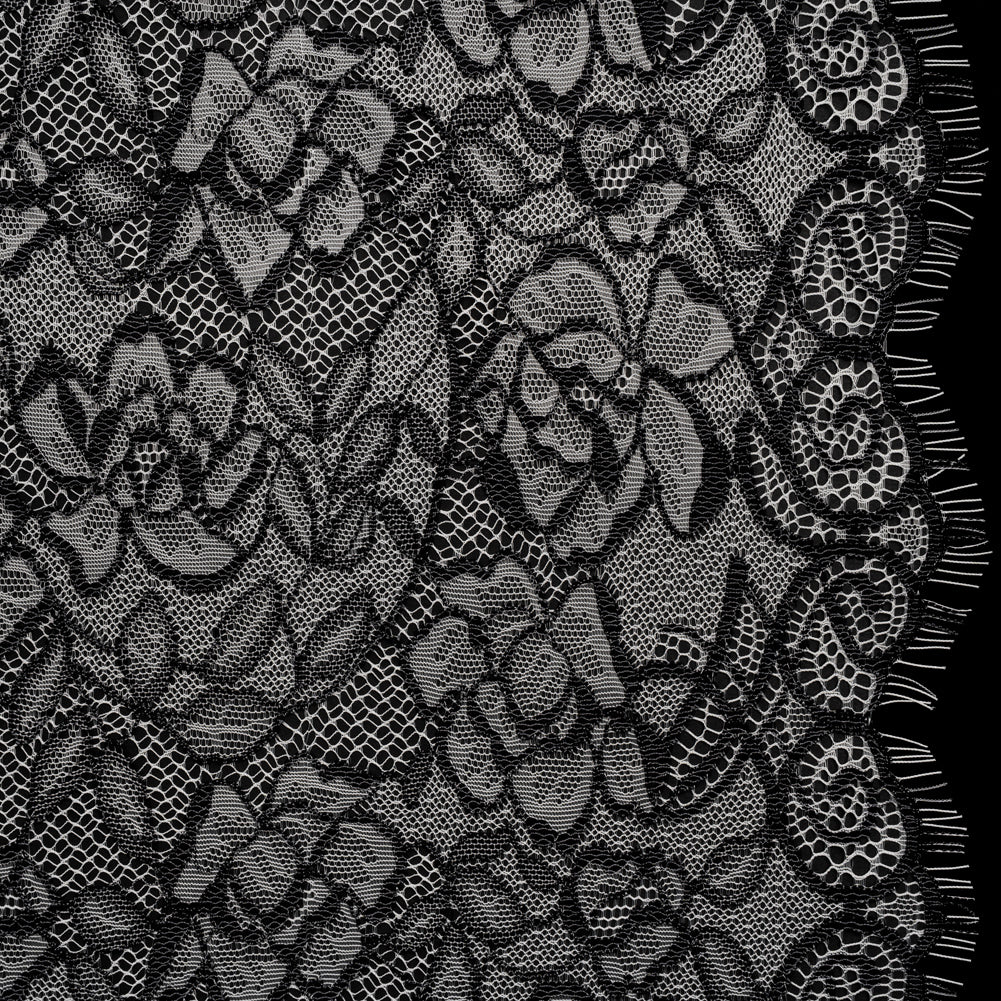 Corded Lace with Finished Edge - Black on White Sweeping Roses Corded Lace with Finished Edge - Black on White Sweeping Roses