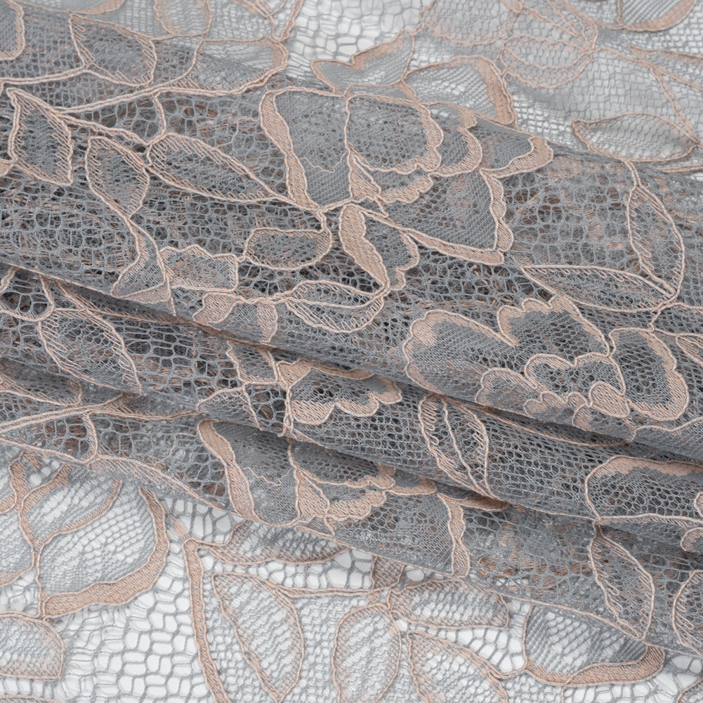 Corded Lace with Finished Edge - Seashell Pink on Dusty Blue Sweeping Roses - Folded Corded Lace with Finished Edge - Seashell Pink on Dusty Blue Sweeping Roses - Folded