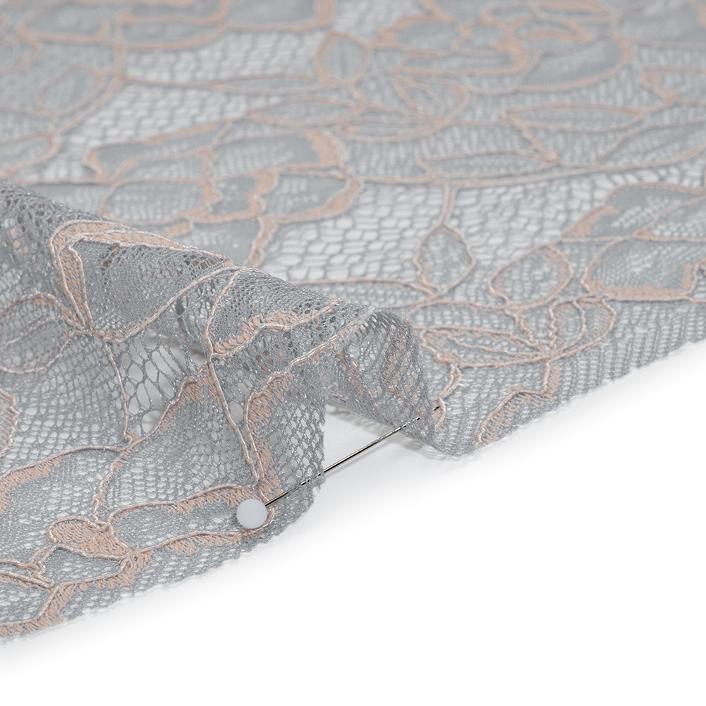 Corded Lace with Finished Edge - Seashell Pink on Dusty Blue Sweeping Roses - Detail Corded Lace with Finished Edge - Seashell Pink on Dusty Blue Sweeping Roses - Detail