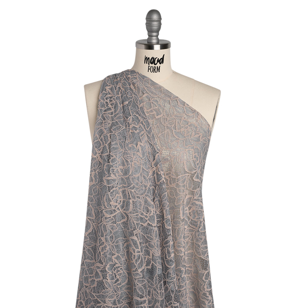 Corded Lace with Finished Edge - Seashell Pink on Dusty Blue Sweeping Roses - Drape Corded Lace with Finished Edge - Seashell Pink on Dusty Blue Sweeping Roses - Drape
