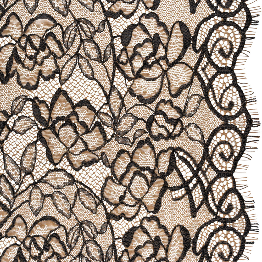 Corded Lace with Finished Edge - Black on Dark Nude Sweeping Roses Corded Lace with Finished Edge - Black on Dark Nude Sweeping Roses