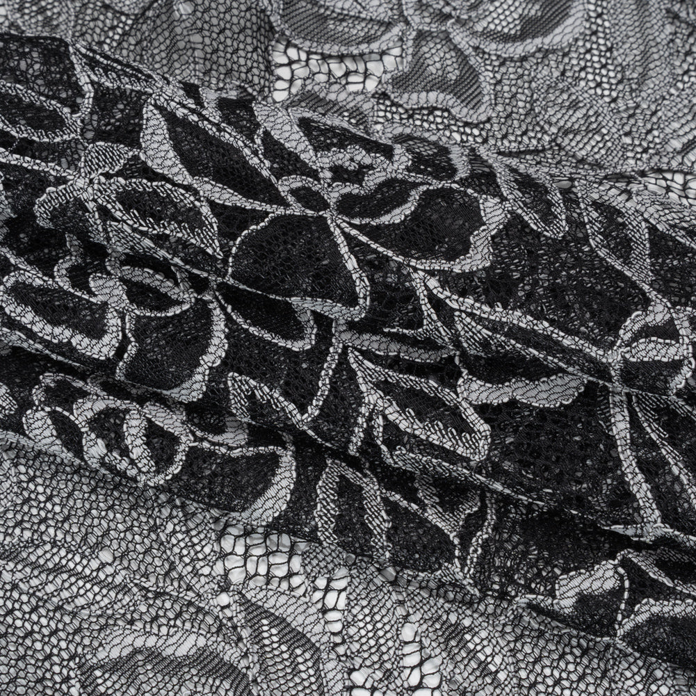 Corded Lace with Finished Edge - White on Black Sweeping Roses - Folded Corded Lace with Finished Edge - White on Black Sweeping Roses - Folded