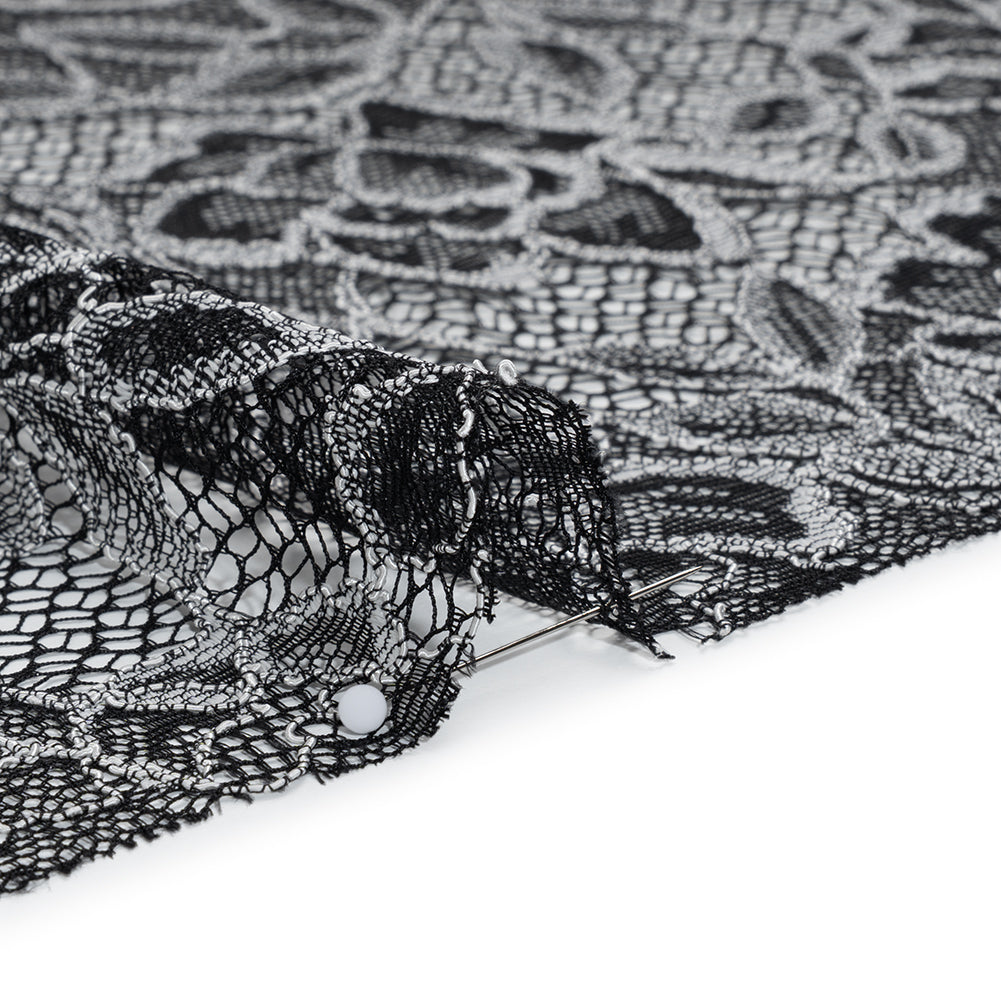 Corded Lace with Finished Edge - White on Black Sweeping Roses - Detail Corded Lace with Finished Edge - White on Black Sweeping Roses - Detail