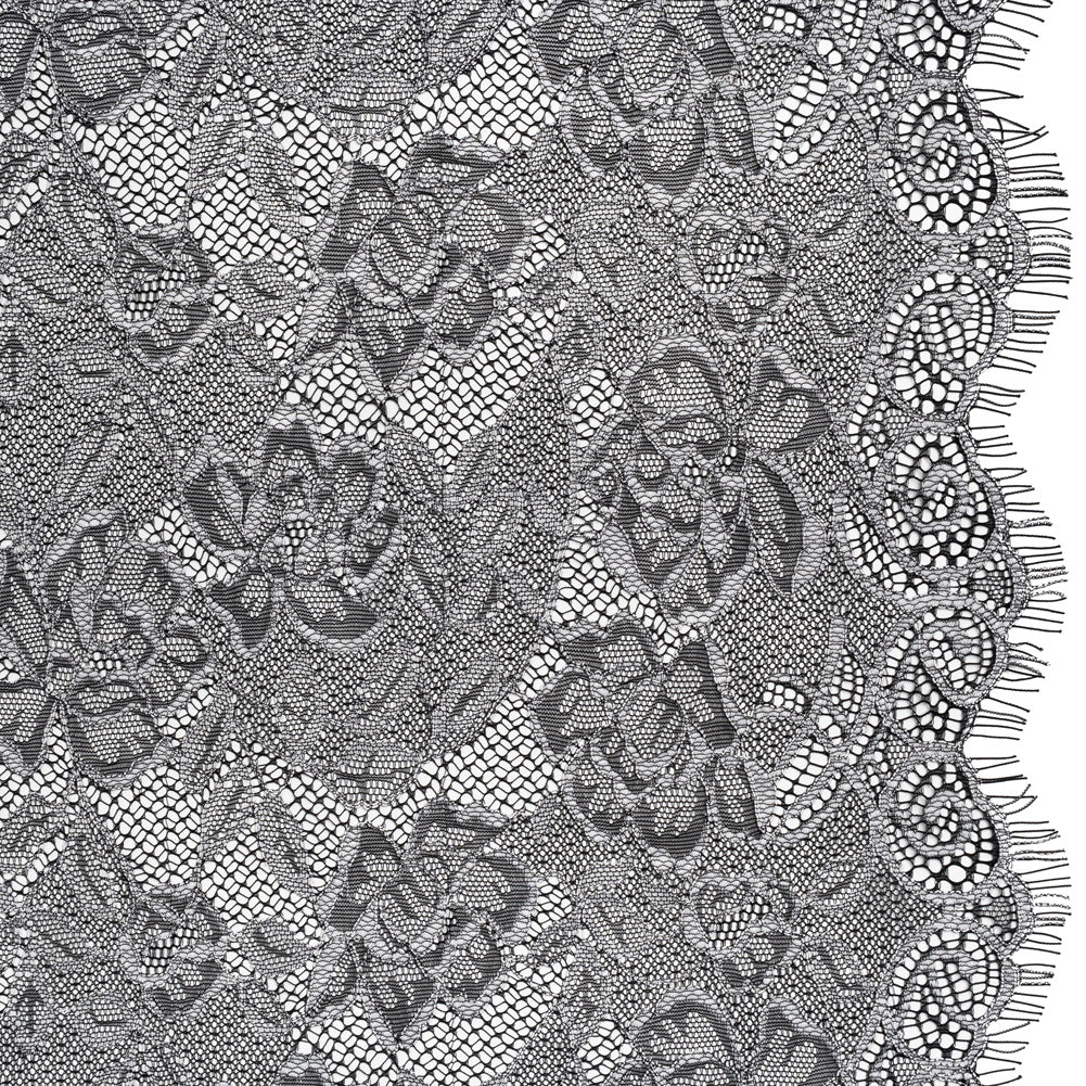 Corded Lace with Finished Edge - White on Black Sweeping Roses Corded Lace with Finished Edge - White on Black Sweeping Roses