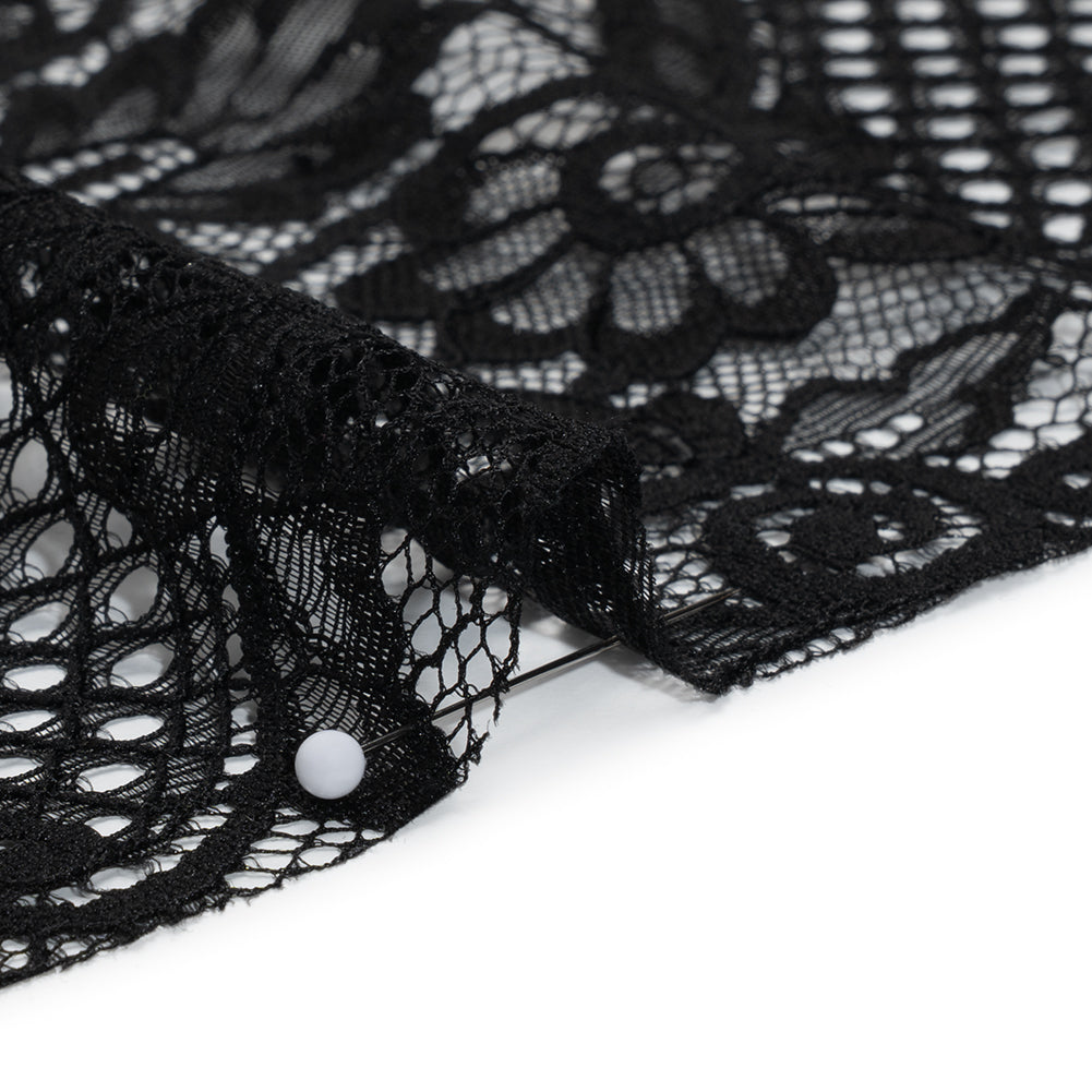Re-Embroidered Raschel Lace with Scalloped Finished Edges - Black Leafy Swirls and Lattices Re-Embroidered Raschel Lace with Scalloped Finished Edges - Black Leafy Swirls and Lattices
