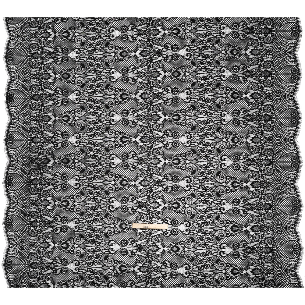 Re-Embroidered Raschel Lace with Scalloped Finished Edges - Black Leafy Swirls and Lattices Re-Embroidered Raschel Lace with Scalloped Finished Edges - Black Leafy Swirls and Lattices