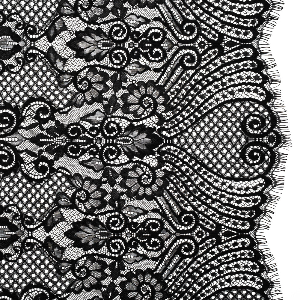 Re-Embroidered Raschel Lace with Scalloped Finished Edges - Black Leafy Swirls and Lattices Re-Embroidered Raschel Lace with Scalloped Finished Edges - Black Leafy Swirls and Lattices