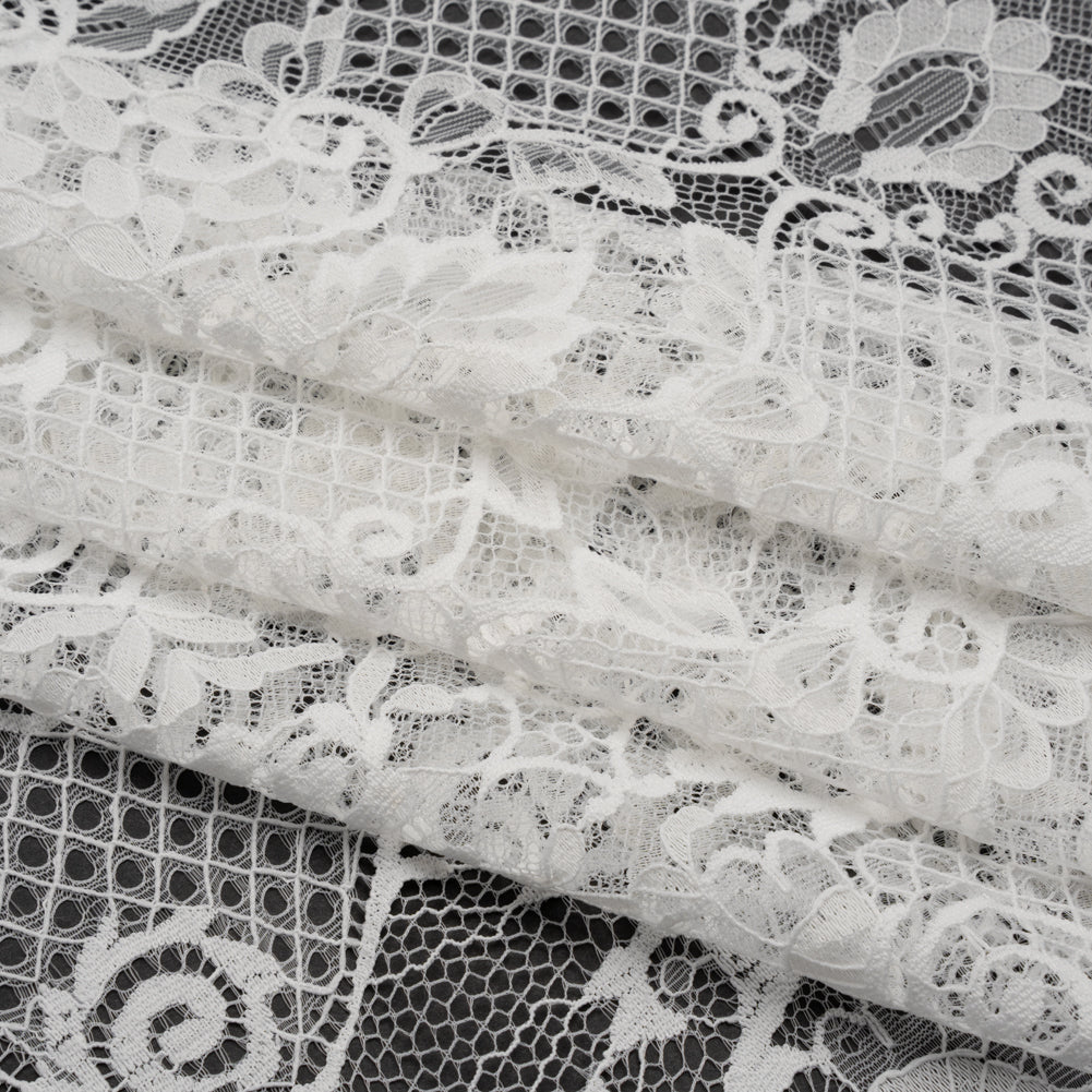 Re-Embroidered Raschel Lace with Scalloped Finished Edges - Ivory Leafy Swirls and Lattices Re-Embroidered Raschel Lace with Scalloped Finished Edges - Ivory Leafy Swirls and Lattices