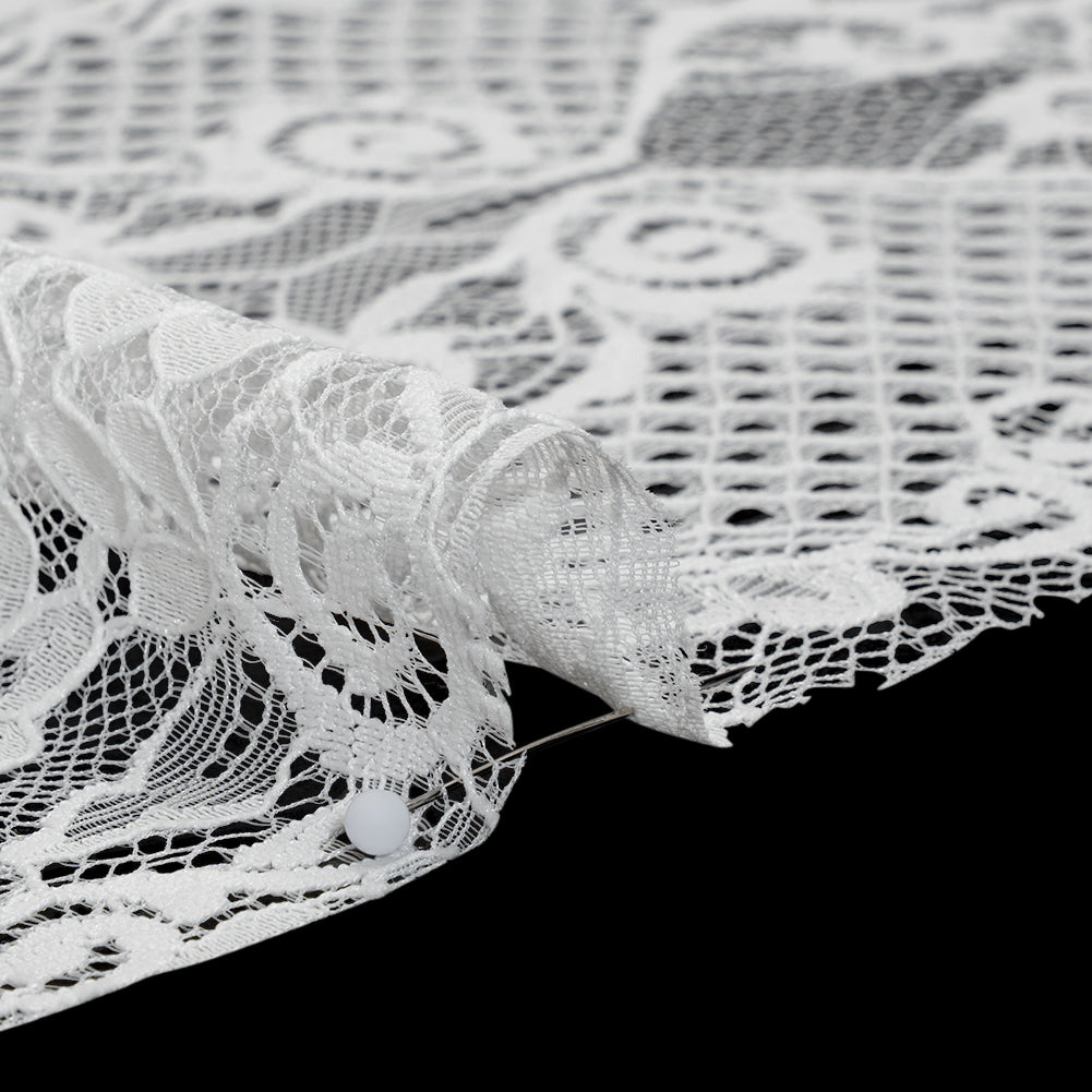 Re-Embroidered Raschel Lace with Scalloped Finished Edges - Ivory Leafy Swirls and Lattices Re-Embroidered Raschel Lace with Scalloped Finished Edges - Ivory Leafy Swirls and Lattices