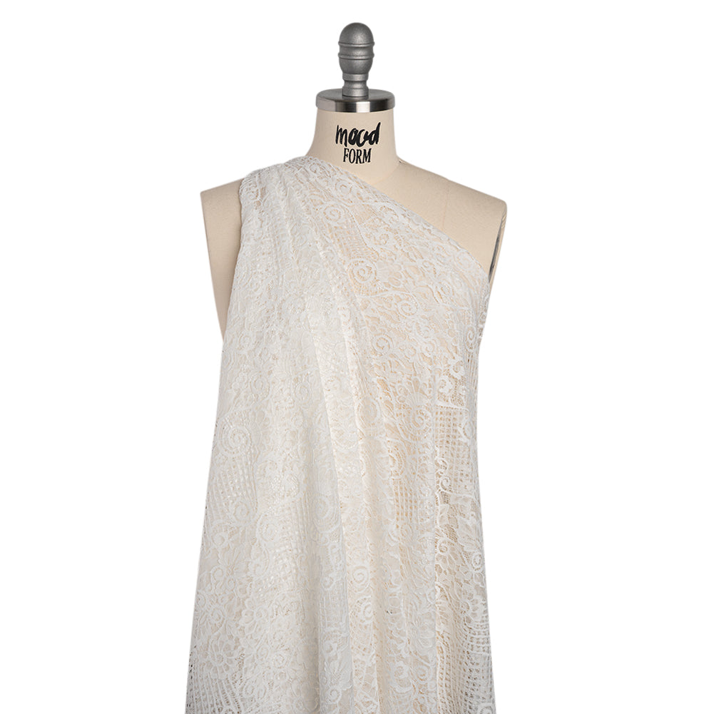 Re-Embroidered Raschel Lace with Scalloped Finished Edges - Ivory Leafy Swirls and Lattices Re-Embroidered Raschel Lace with Scalloped Finished Edges - Ivory Leafy Swirls and Lattices